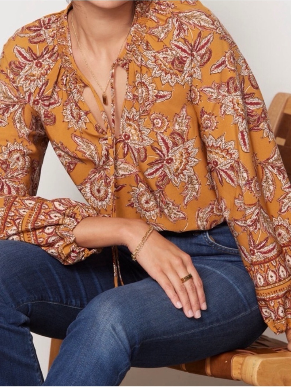 Evereve Paisley Tie-Neck Long Sleeve Boho Blouse
